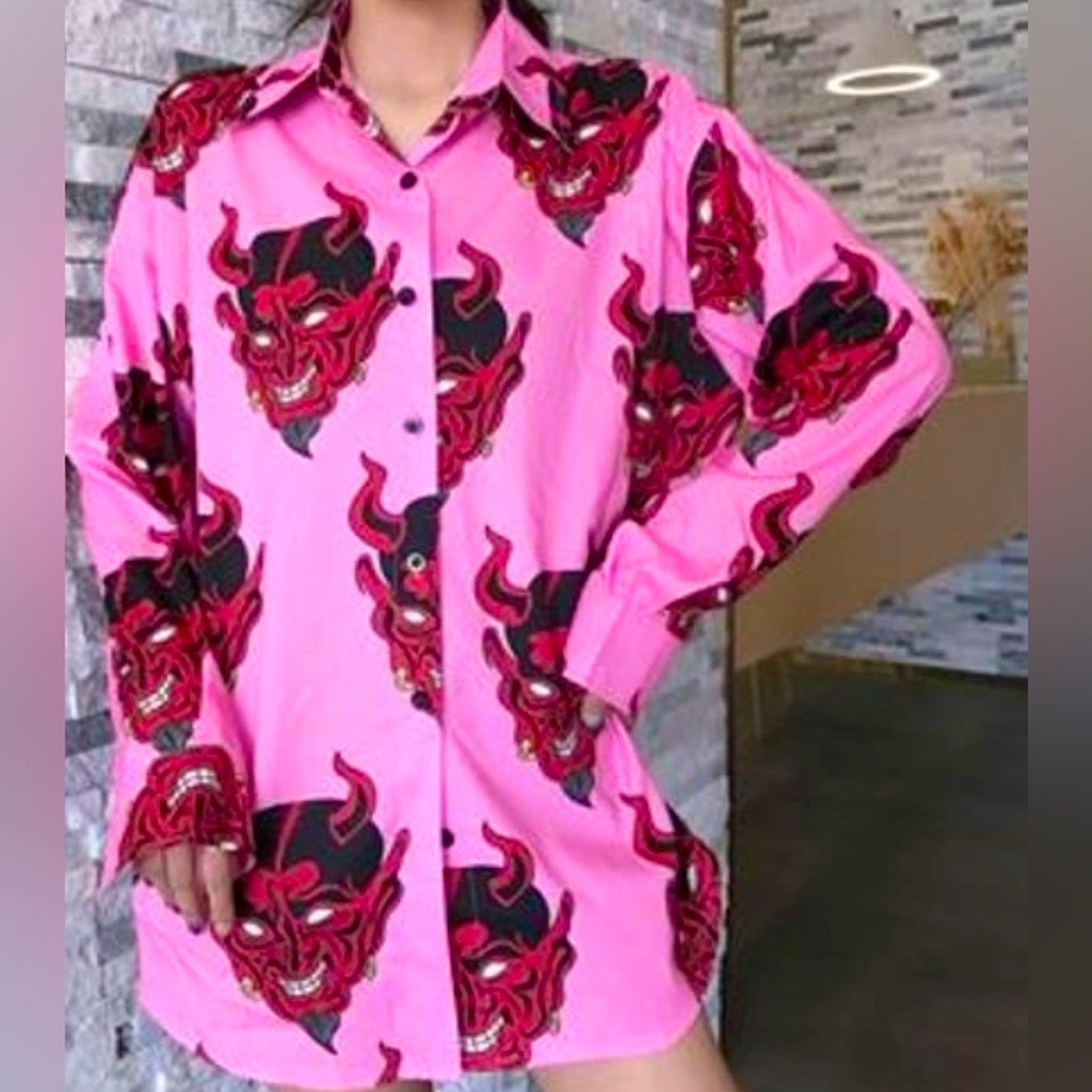 Devil Print Button Up Shirt in Pink